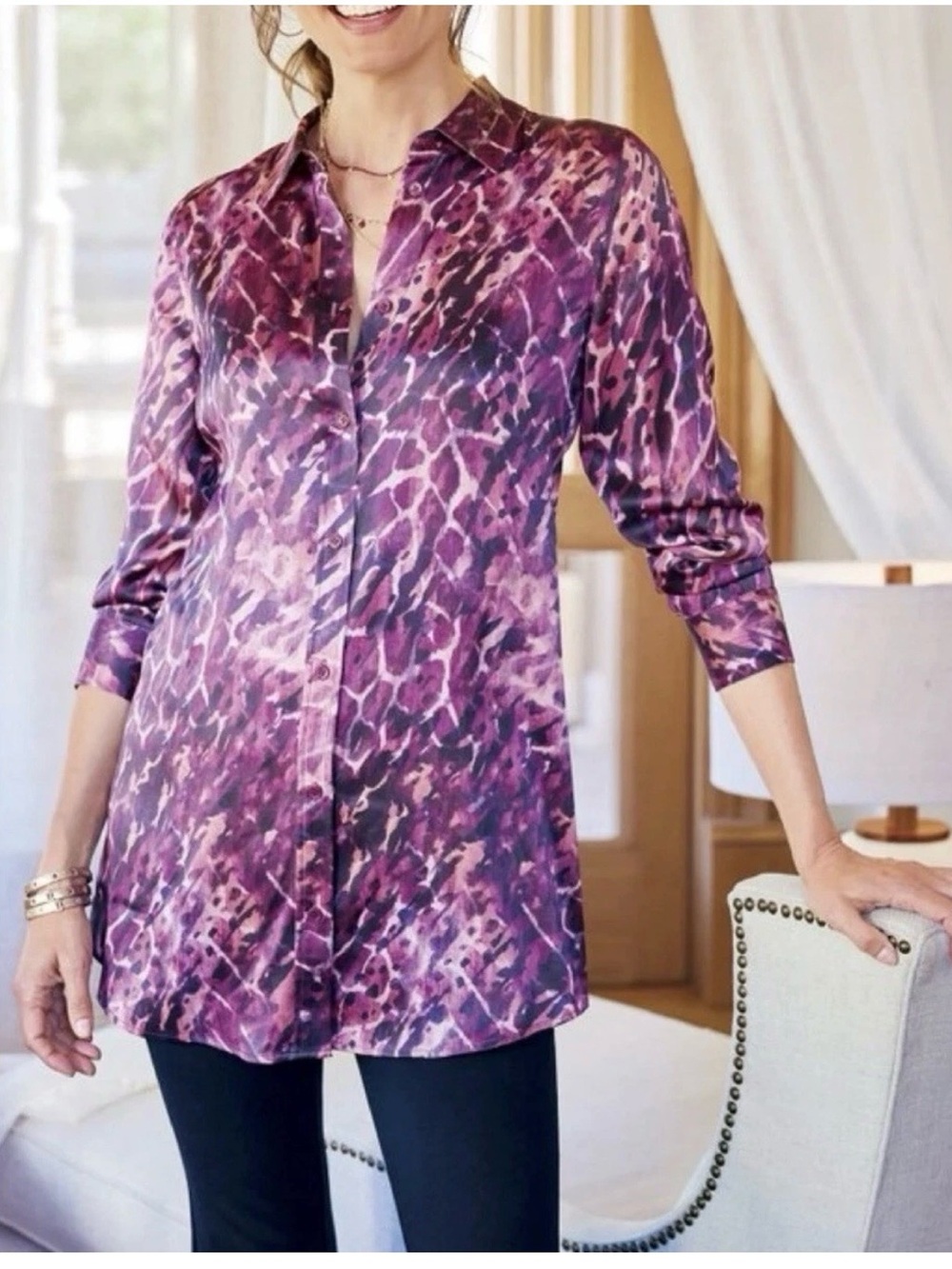 Soft Surroundings 100% Silk Purple Animal Print Tunic Shirt XL